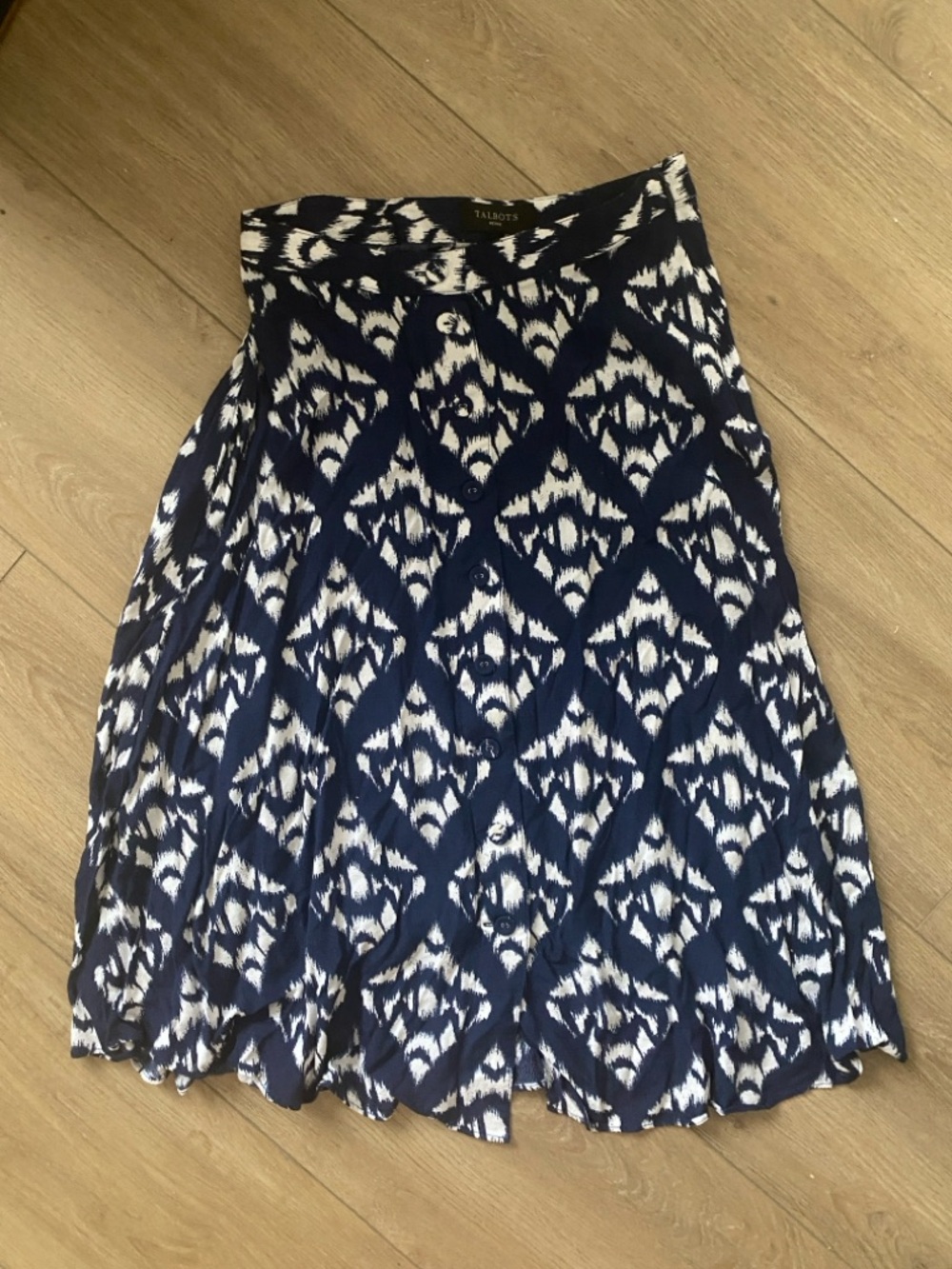 Talbots Navy and White Midi Skirt with Geometric Print